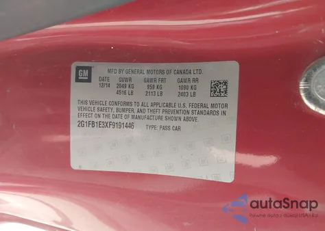 2015 Chevrolet Camaro 2Ls z USA, uszkodzony, nr VIN 2G1FB1E3XF9191446